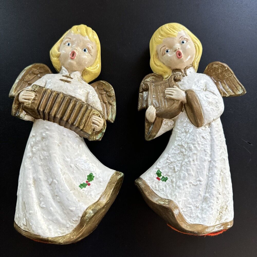 2 Kitschy Blonde Christmas Angels ceramic Singing instruments Holly Vintage 8.5"